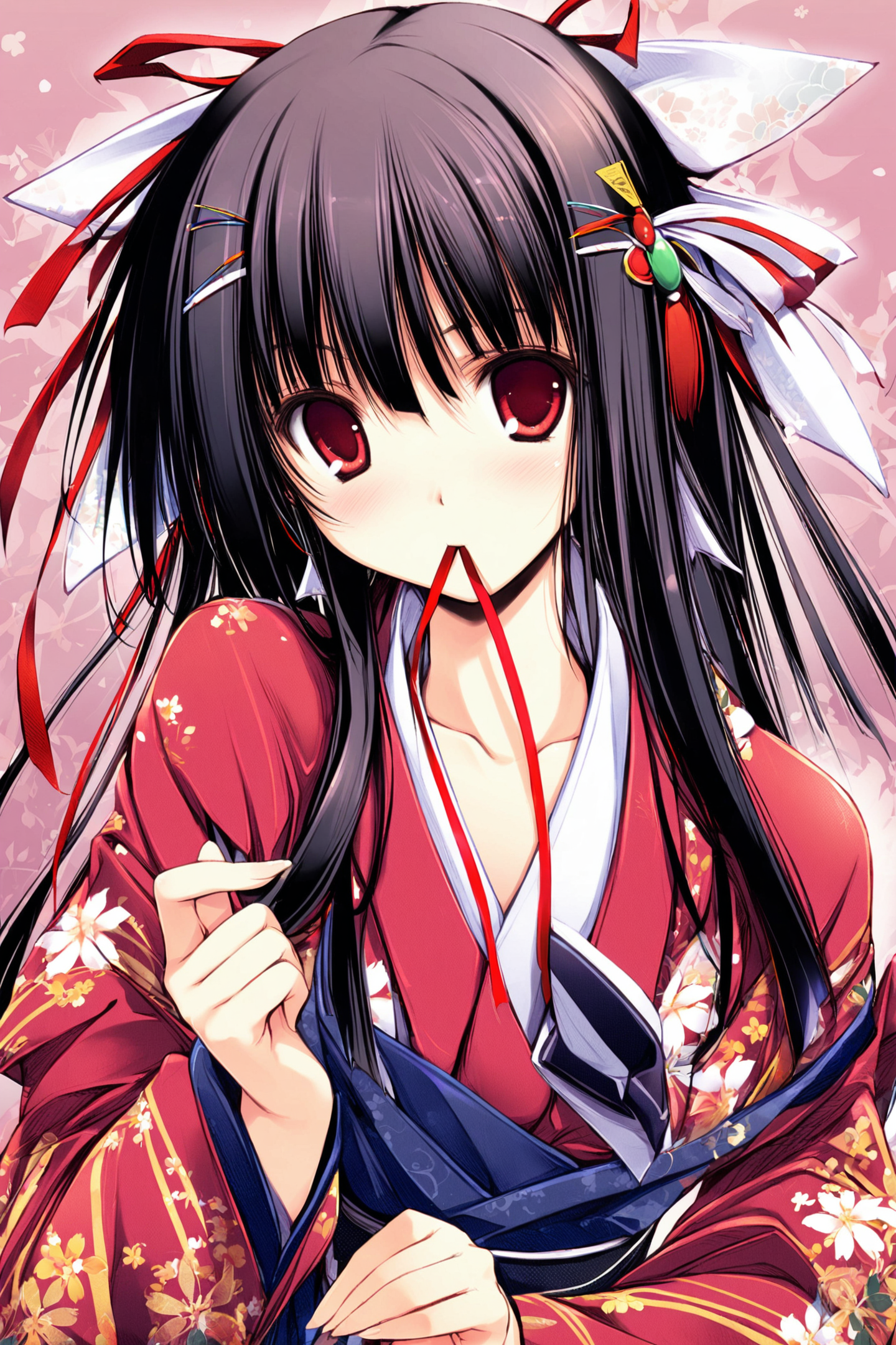 30188-533209588-1girl,solo,red eyes,mouth hold,black hair,japanese clothes,ribbon,kimono,string,ribbon in mouth,hair ribbon,hair ornament,lookin.png